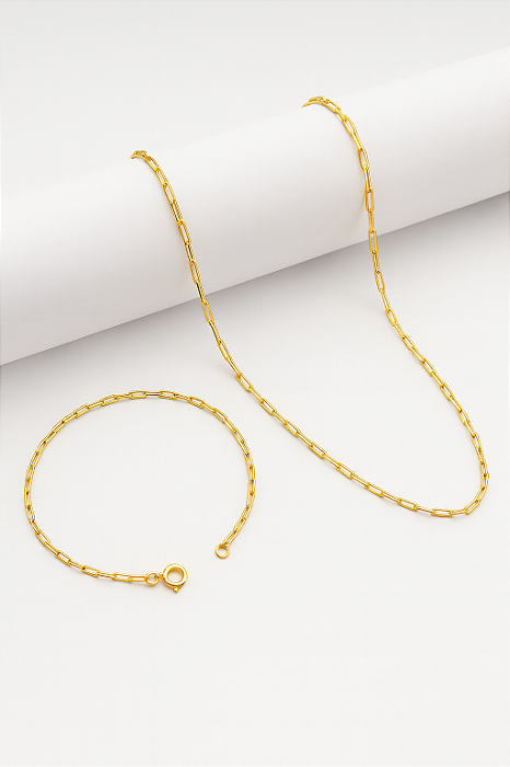 Kit Corrente Elo Alongado + Pulseira Elo Alongado 2mm Banhado A Ouro 18K