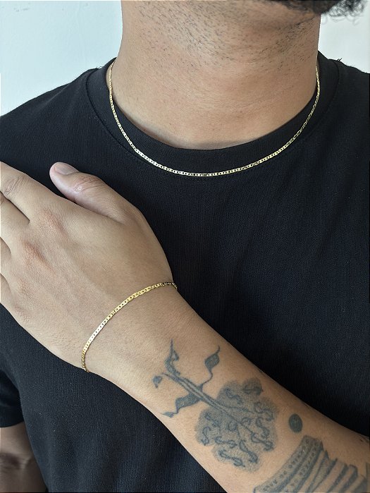 Kit Corrente Piastrini + Pulseira Piastrini 2,5mm Banhado A Ouro 18K