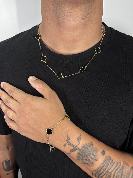 Kit Corrente Trevo Preta 55cm + Pulseira Trevo Preta Banhado A Ouro 18K