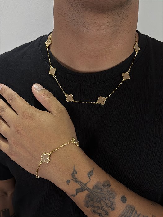 Kit Corrente Trevo Marrom 55cm + Pulseira Trevo Marrom Banhado A Ouro 18K