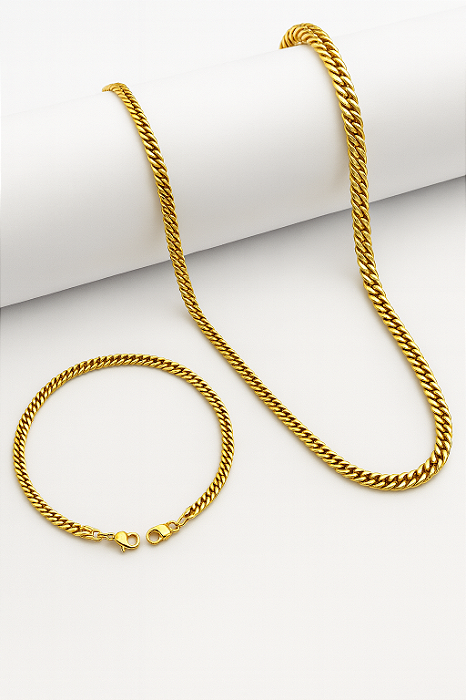 Kit Corrente Grumet Dupla + Pulseira Grumet Dupla 3mm Banhado A Ouro 18K