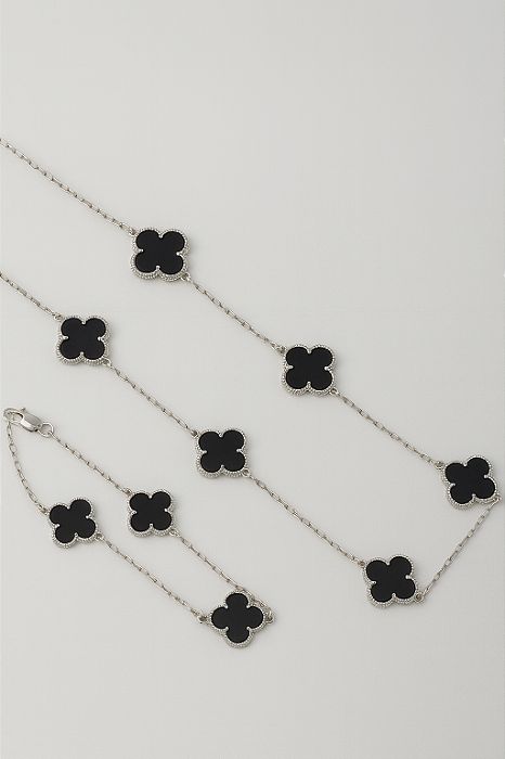 Kit Corrente Trevo Preta 55cm + Pulseira Trevo Preta Banhado A Ouro Branco