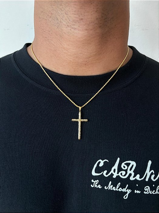 Corrente Cordão Baiano 50cm 1,6mm + Pingente Cruz Tronco (22x39mm) Banhado A Ouro 18k COR003-PIN139