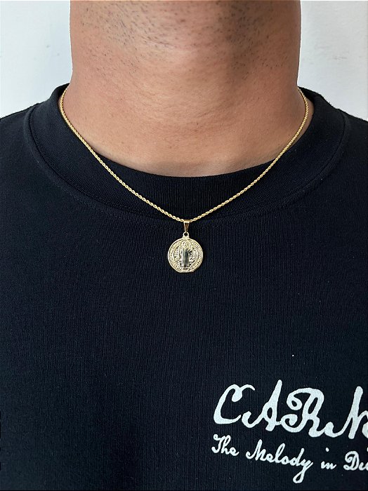 Corrente Cordão Baiano 50cm 1,6mm + Pingente São Bento Liso (20mm) Banhado A Ouro 18k COR003-PIN135