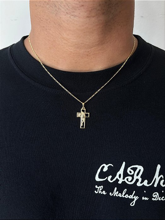 Corrente 3 por 1 - 50cm 1,4mm + Pingente Cruz Com Rosto De Cristo Vazado (16x26mm) Banhado A Ouro 18k COR057-PIN137