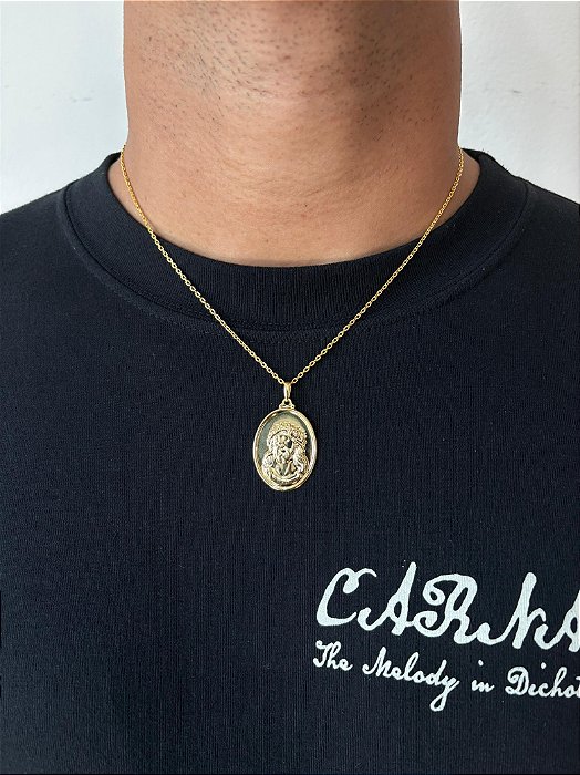 Corrente Elo Cadeado 50cm 2mm + Pingente Oval Face Cristo (25x33mm) Banhado A Ouro 18k COR056-PIN133