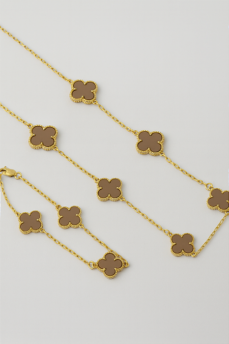 Kit Corrente Trevo Marrom 55cm + Pulseira Trevo Marrom Banhado A Ouro 18K