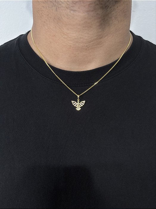 Corrente Grumet 50cm 1,4mm + Pingente Passaro Cravejado Banhado a Ouro 18k COR014-PIN142