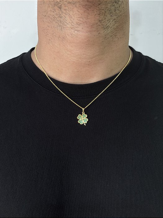 Corrente Grumet 50cm 1,4mm + Pingente Trevo da Sorte Cravejado Banhado a Ouro 18k COR014-PIN145