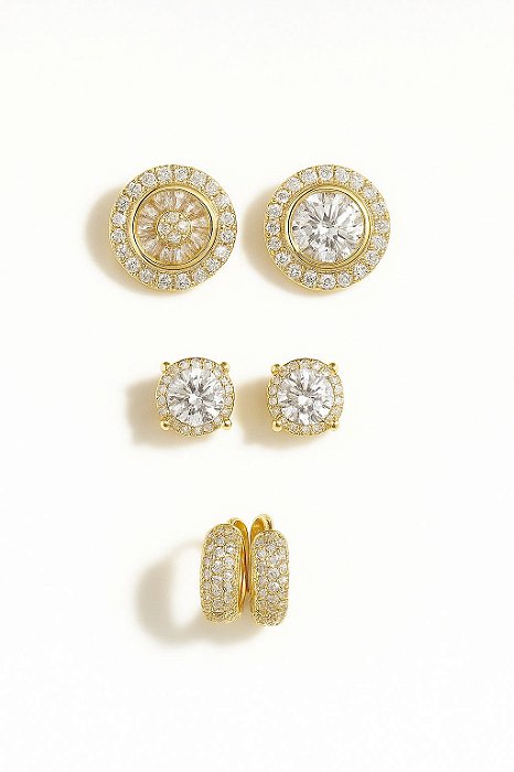 Kit Brincos Pedra Retangular, Imperial e 12 Pedras Banhado A Ouro 18k BRI167-BRI189-BRI010