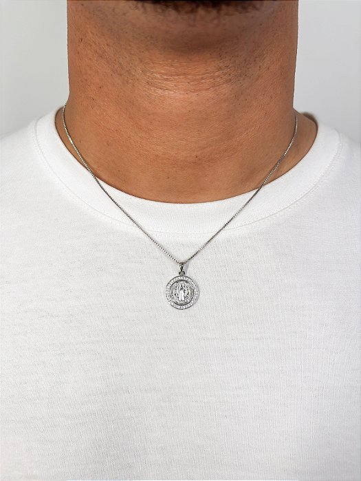 Kit Completo Corrente Veneziana, Pingente São Bento e 2 Brincos Banhado A Ouro Branco COR002-PIN021-BRI012-BRIP005