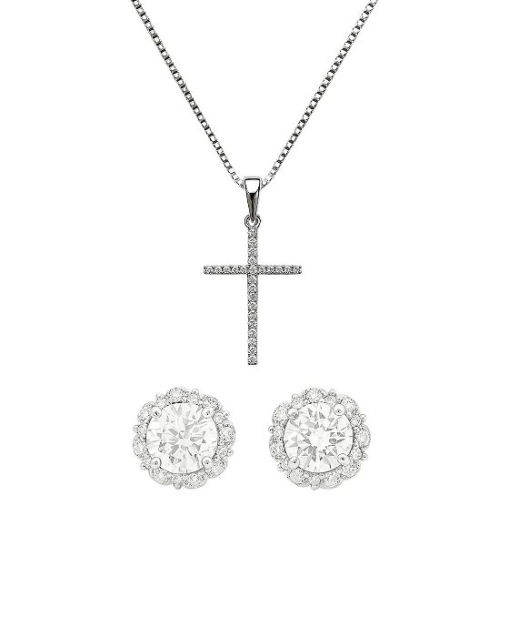 Kit Corrente Veneziana 50cm 1mm + Pingente Cruz Palito Chapada (22X14,2mm) + Par Brinco Filip Imperial 3 (9mm) Banhado A Ouro Branco COR002-PIN009-BRI206