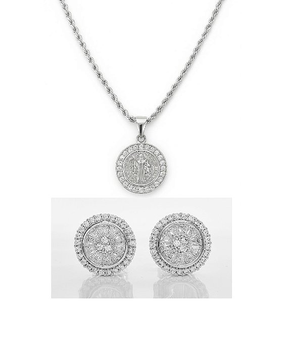 Kit Corrente Cordão Baiano 50cm 1,6mm + Pingente São Bento Cravejado (18,5mm) + Brinco Masculino Par Redondo Cravejado Pedra Retangular (12mm) Banhado A Ouro Branco COR001-PIN021-BRI158