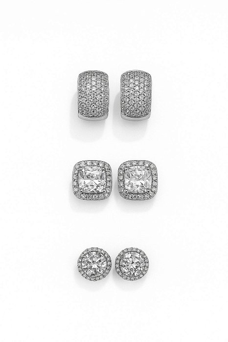 Kit Brincos Imperial, Imperial Quadrado e 29 Pedras Banhado A Ouro Branco BRI192-BRI205-BRI003