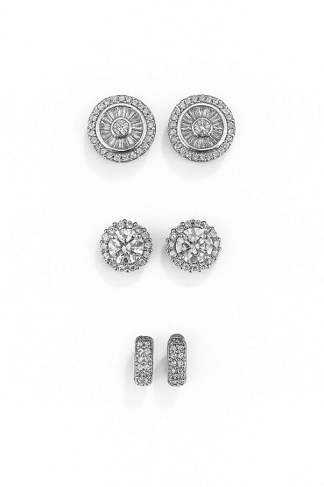 Kit Brincos Retangular, Imperial 3 e 12 Pedras Banhado A Ouro Branco BRI206-BRI158-BRI001