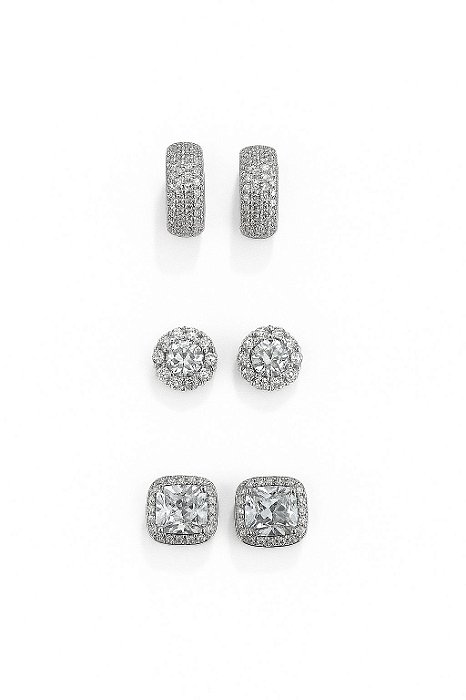 Kit Brincos 4 Fileiras M, Imperial 3 e Imperial Quadrado Banhado A Ouro Branco BRI206-BRI205-BRI012