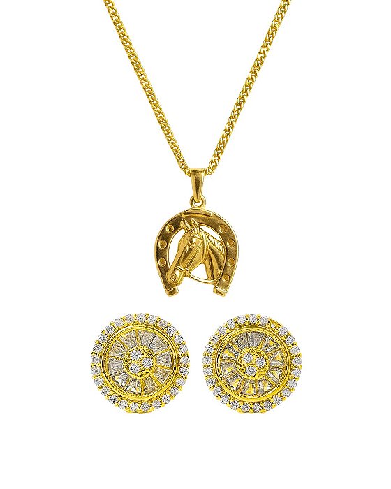 Kit Corrente Veneziana 50cm 1mm + Pingente Cavalo Ferradura (17x17,5mm) + Brinco Masculino Par Redondo Cravejado Pedra R