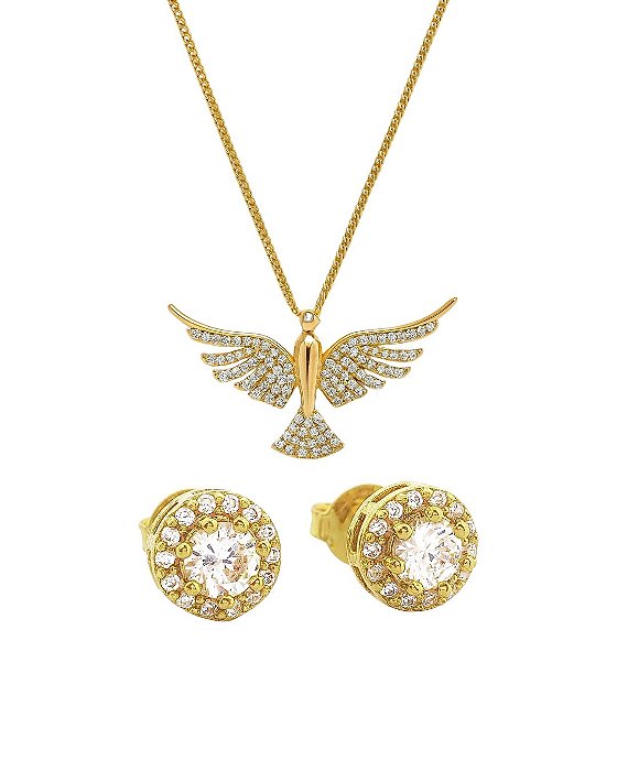 Kit Corrente Grumet 50cm 1,4mm + Pingente Passaro G Cravejado + Brinco Masculino Par Redondo Cravejado Fílip 1 (7mm) Ban