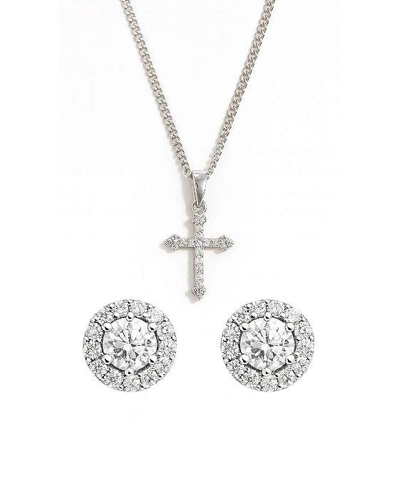 Kit Corrente Grumet 50cm 1,4mm + Pingente Cruz Cravejada Palito (13,2X19,7mm) + Brinco Masculino Par Redondo Cravejado F