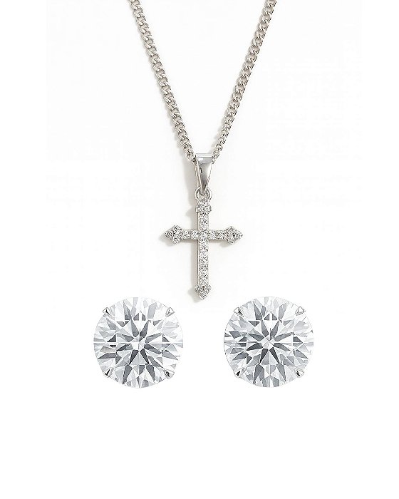 Kit Corrente Veneziana 50cm 1mm + Pingente Cruz Cravejada Palito (13,2X19,7mm) + Par De Brinco Pedra Zircônia (8mm) Banh