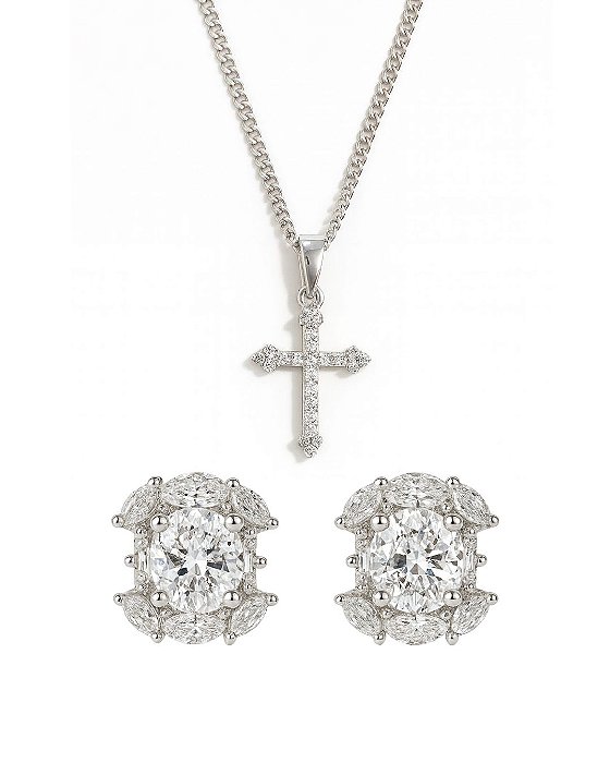 Kit Corrente Veneziana 50cm 1mm + Pingente Cruz Cravejada Palito (13,2X19,7mm) + Brinco Fílip Imperial 2 (9,3x9mm) Banha