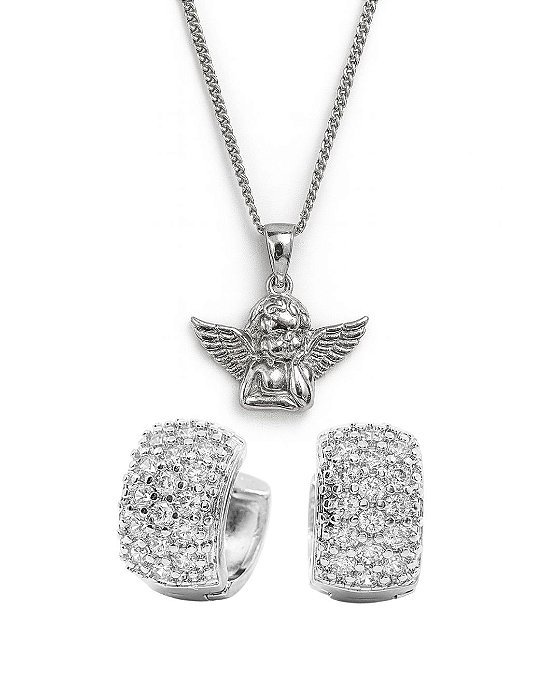 Kit Corrente Grumet 50cm 1,4mm + Pingente Anjo (24x17mm) + Brinco Masculino Par Argola Cravejada Com 16 Pedras (13,3X7,7