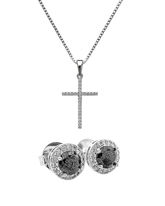 Kit Corrente Grumet 50cm 1,4mm + Pingente Cruz Palito Chapada Cravejada (22X14,2mm) + Brinco Masculino Par Redondo Crave