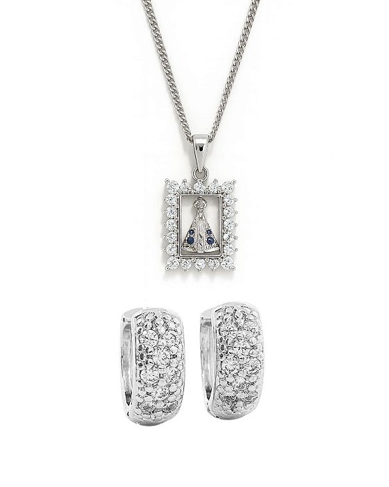 Kit Corrente Grumet 50cm 1,4m + Pingente Nossa Senhora Cravejado Quadrado (15x18mm) + Brinco Masculino Par Argola Cravej