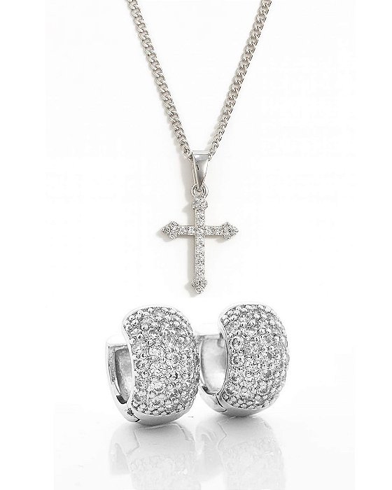 Kit Corrente Grumet 50cm 1,4mm + Pingente Cruz Cravejada Palito (13,2X19,7mm) + Brinco Masculino Par Argola Cravejada Co