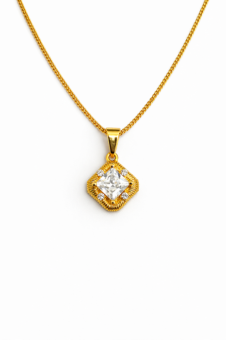 Corrente Grumet 50cm 1,4mm + Pingente Quadrado 5 pedras (11x11mm) Banhado A Ouro 18k COR014-PIN153