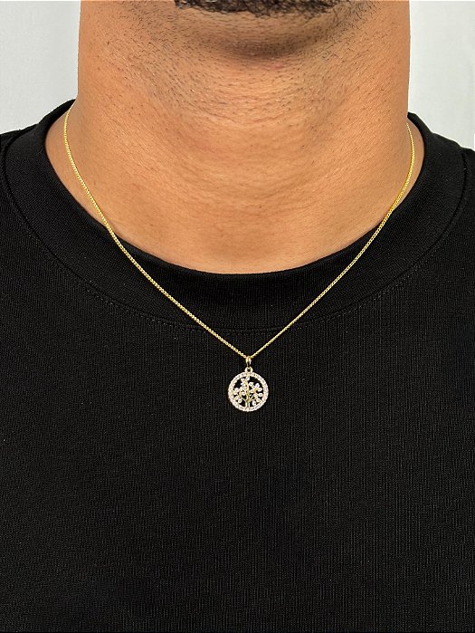 Corrente Grumet 50cm 1,4mm + Pingente Circulo Arvore Cravejado Banhado a Ouro 18k COR014-PIN155