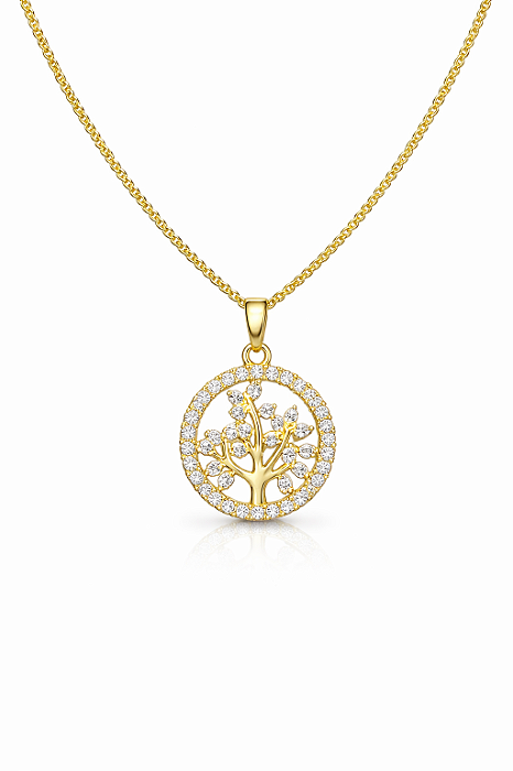 Corrente Grumet 50cm 1,4mm + Pingente Circulo Arvore Cravejado Banhado a Ouro 18k COR014-PIN155