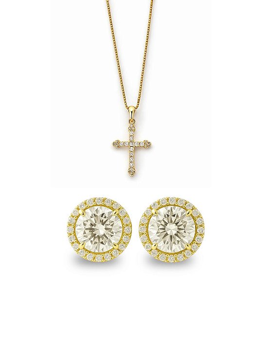 Kit Corrente Veneziana 50cm 1mm + Pingente Cruz Cravejada Palito (13,2X19,7mm) + Brinco Fílip Imperial (9mm) Banhado A Ouro 18K COR009-PIN003-BRI189