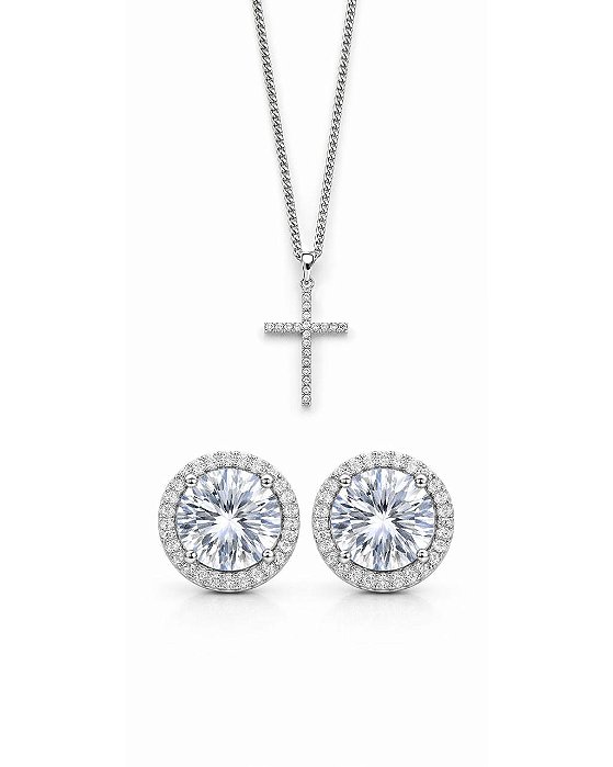 Kit Corrente Grumet 50cm 1,4mm + Pingente Cruz Palito Chapada Cravejada (22X14,2mm) + Brinco Fílip Imperial (9mm) Banhado A Ouro Branco COR005-PIN009-BRI192