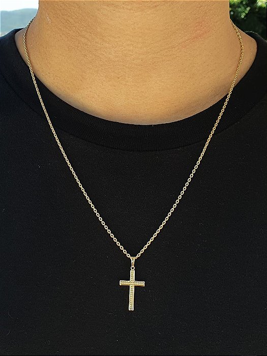 Corrente Elo Cadeado 60cm 2mm Fecho Tradicional + Pingente Cruz Detalhe Pontinhos (1,5X2,7CM) Banhada A Ouro18k COR008-PIN007