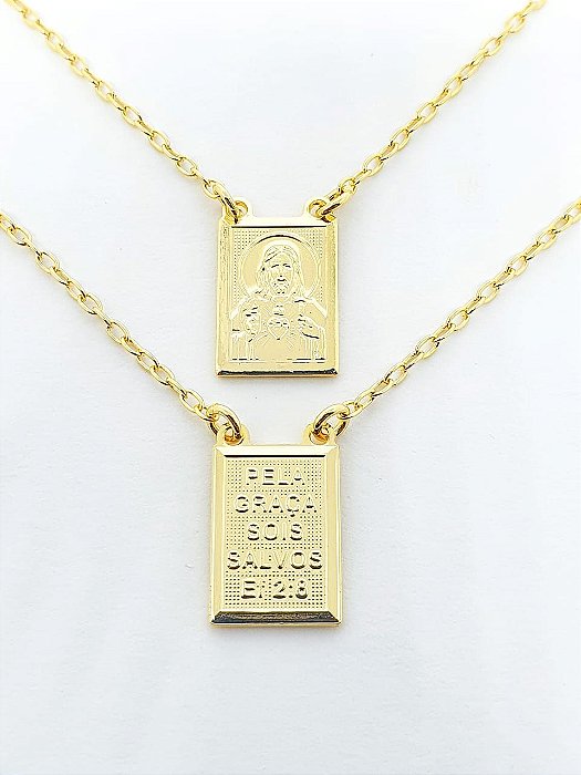 Escapulário Corrente Elo Cadeado Jesus-Nossa Senhora 70cm 10mmX14mm Banhado A Ouro 18k ESC009