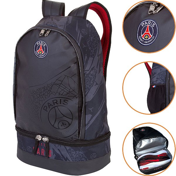 PSG - Mochila Esportiva Paris Saint Germain com Suporte para Tênis Preta