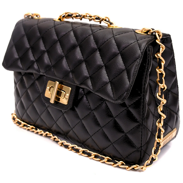 Bolsa Feminina Média Matelassê Transversal - França Preta Dourada