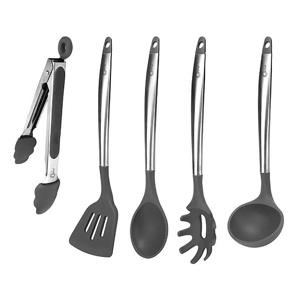 Conjunto de Utensílios em Silicone com Cabo Inox - Cool Grey