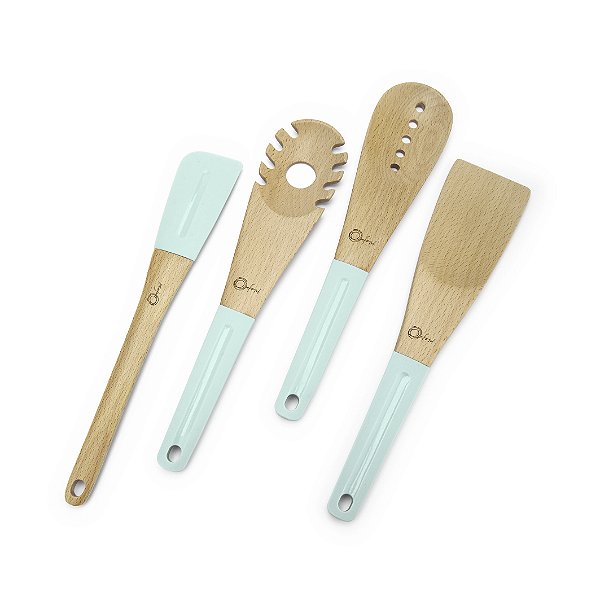 Conjunto c/ 04 Utensílios de Madeira e Silicone - Water Blue