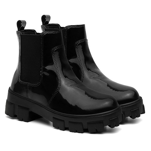 Bota Coturno Feminino Tratorada Chelsea Macia Confortável - Preto Verniz