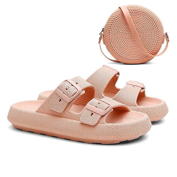 Kit Sandália Birken Nuvem Slide Tira Dupla Fivela + Bolsa Quebek Casual Nude