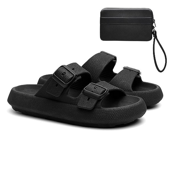 Kit Birken Nuvem Slide Tira Dupla Fivela + Carteira Casual Preto