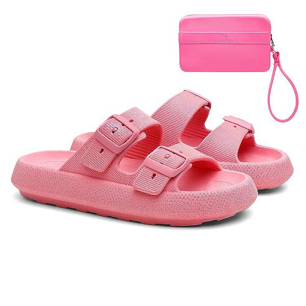Kit Birken Nuvem Slide Tira Dupla Fivela + Carteira Casual Rosa