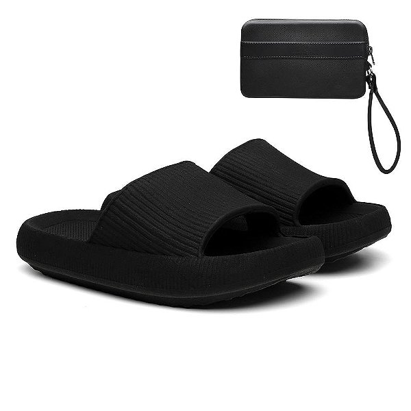 Kit Chinelo Nuvem Slide Tira Larga + Carteira Casual Preto