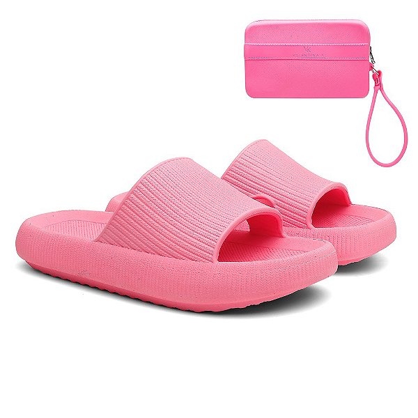 Kit Chinelo Nuvem Slide Tira Larga + Carteira Casual Rosa PD