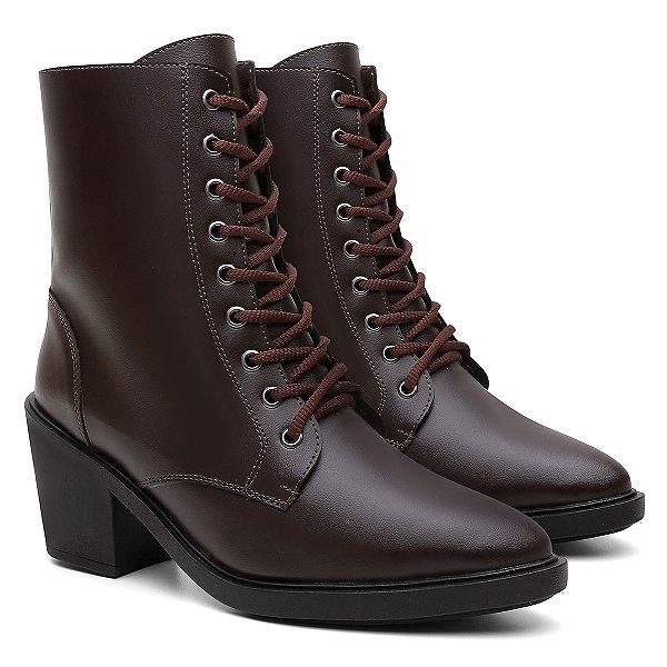 Bota Feminina Cano Alto Cadarços Bico Fino Salto Baixo Café