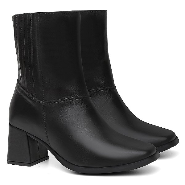 Bota Feminina Couro Cano Médio Zíper Lateral Salto Grosso Preta