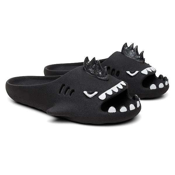 Chinelo Feminino Slide Sharky Fun Tubarão Punck Preto Divertido + 1 Barbatana Extra