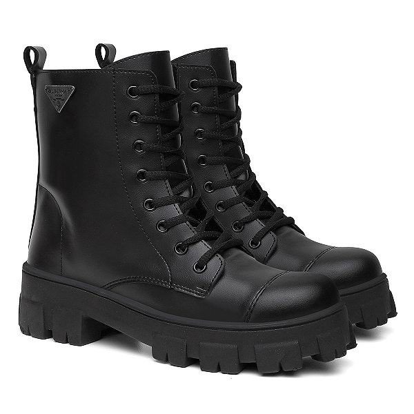 Bota Coturno Feminino Tratorada Ilhós Zíper Lateral Moderna - Preto